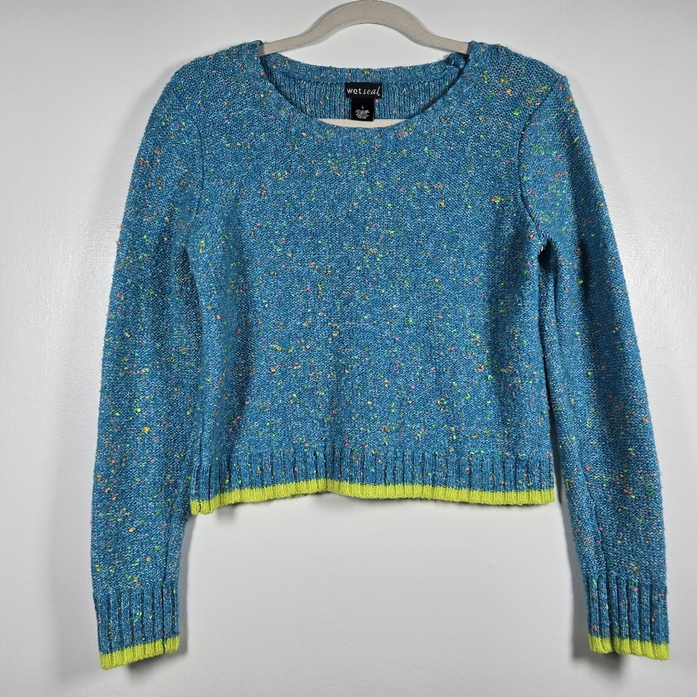 Wet Seal Y2K Bright Blue Slub Knit Colorful Speckled Cropped Sweater Size Large